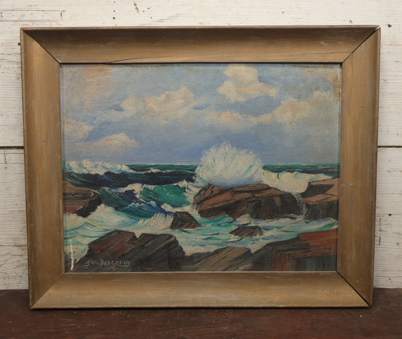 Lot 004 - Vintage Oil On Canvas Nautical Seashore Ocean Painting, Waves Crashing On Crack, White Ocean Spray, Artist Signed George Ferguson (American, 1947-2024)