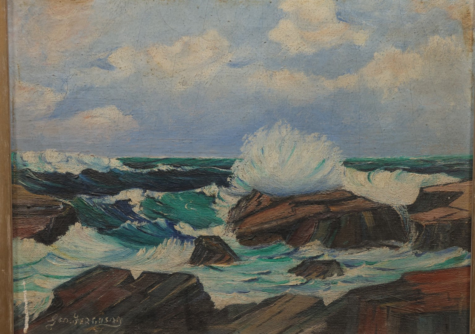 Lot 004 - Vintage Oil On Canvas Nautical Seashore Ocean Painting, Waves Crashing On Crack, White Ocean Spray, Artist Signed George Ferguson (American, 1947-2024)