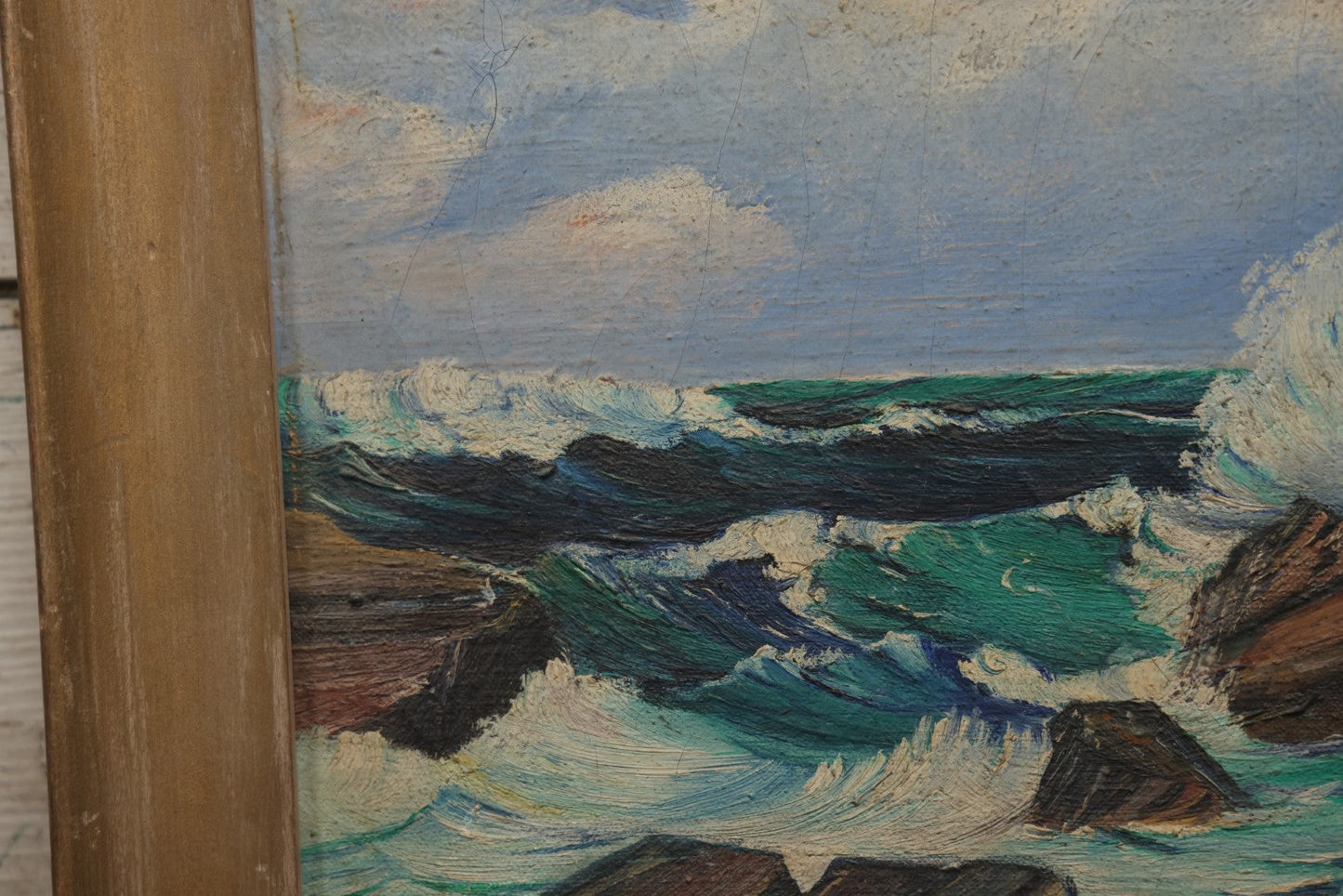 Lot 004 - Vintage Oil On Canvas Nautical Seashore Ocean Painting, Waves Crashing On Crack, White Ocean Spray, Artist Signed George Ferguson (American, 1947-2024)