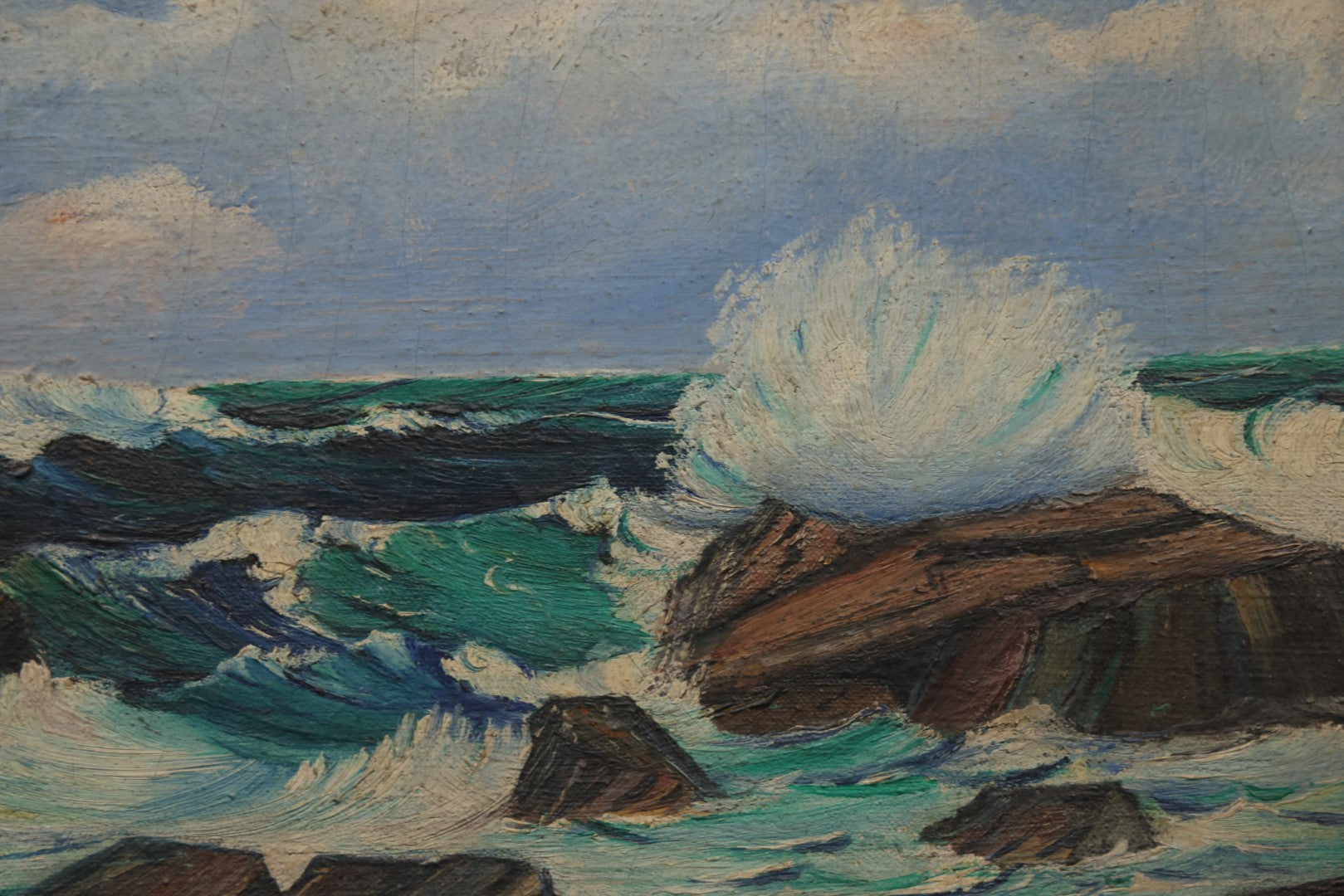 Lot 004 - Vintage Oil On Canvas Nautical Seashore Ocean Painting, Waves Crashing On Crack, White Ocean Spray, Artist Signed George Ferguson (American, 1947-2024)