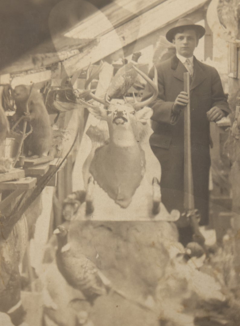 Lot 014 - Antique Boarded Photo Of A Hunter With A Rifle In A Taxidermy Shot, Posing With Buck, Other Mounts Visible Including Beaver, Owl, Etc