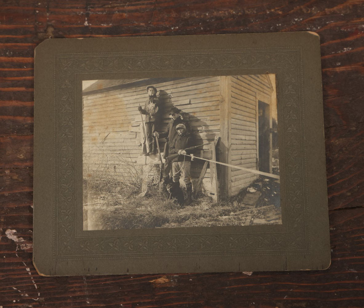 Lot 015 - Antique Boarded "Selfie" Photo Of Three Young Hunters With The Day'S Catch, Note Boy Pulling String To Activate Shutter, Early Self Portrait Photo