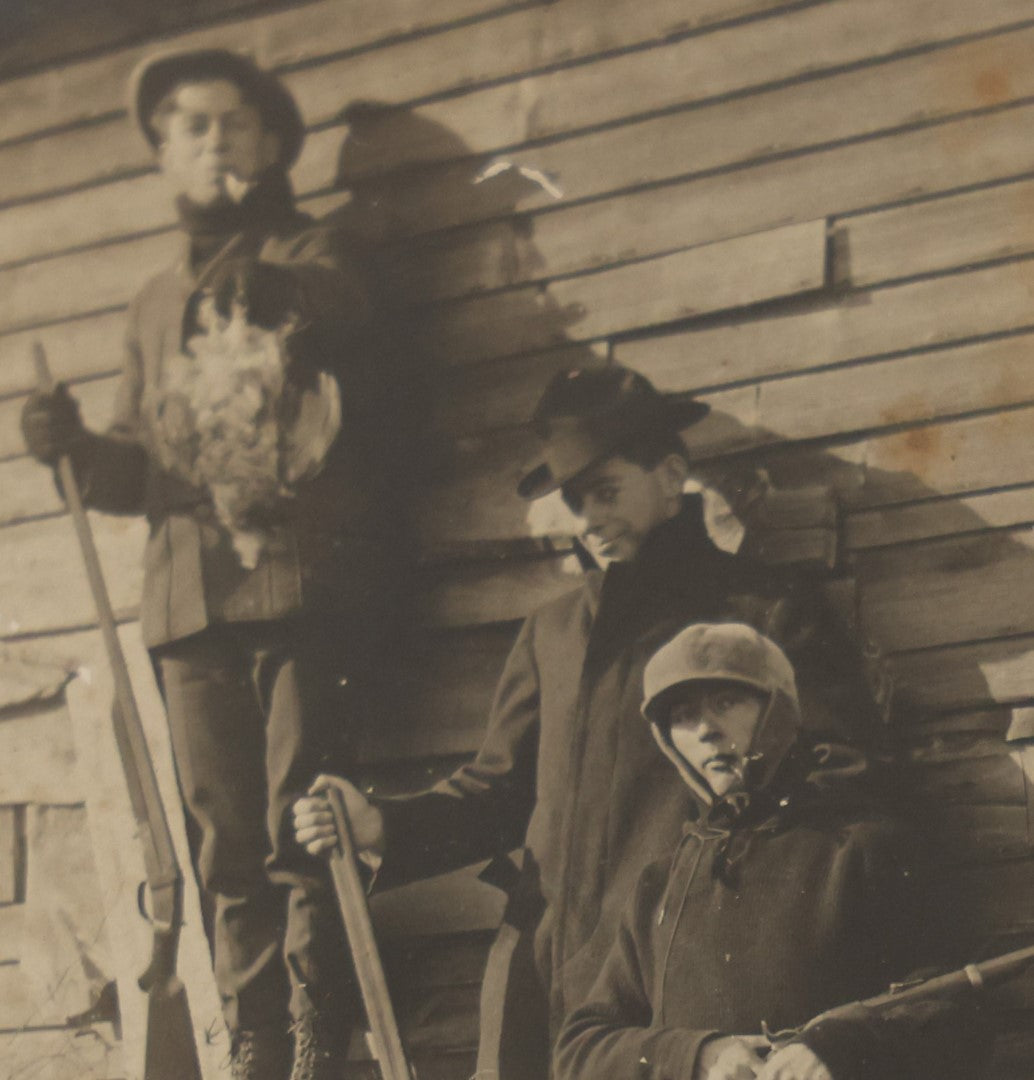 Lot 015 - Antique Boarded "Selfie" Photo Of Three Young Hunters With The Day'S Catch, Note Boy Pulling String To Activate Shutter, Early Self Portrait Photo