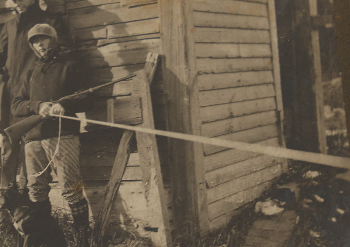 Lot 015 - Antique Boarded "Selfie" Photo Of Three Young Hunters With The Day'S Catch, Note Boy Pulling String To Activate Shutter, Early Self Portrait Photo