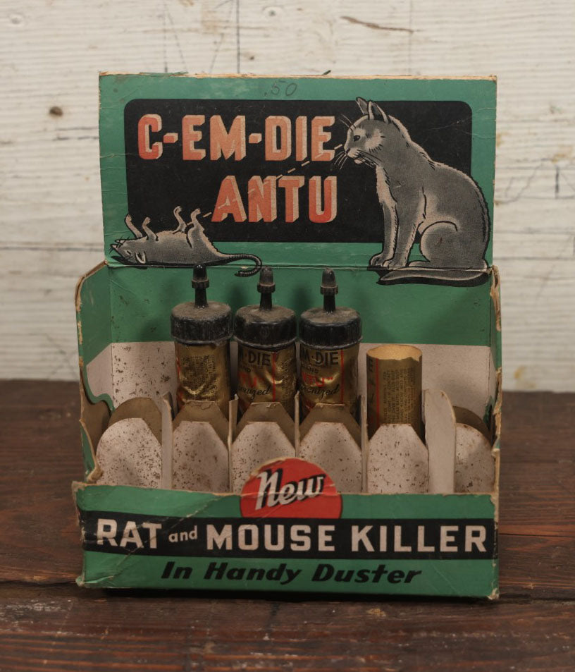 Lot 017 - Vintage C-Em-Die Rat And Mouse Killer Poison Store Display With Cat And Dead Mouse Graphic, Including Three Unopened Tubes, St. Lawrence Chemical Co, Hermon, New York