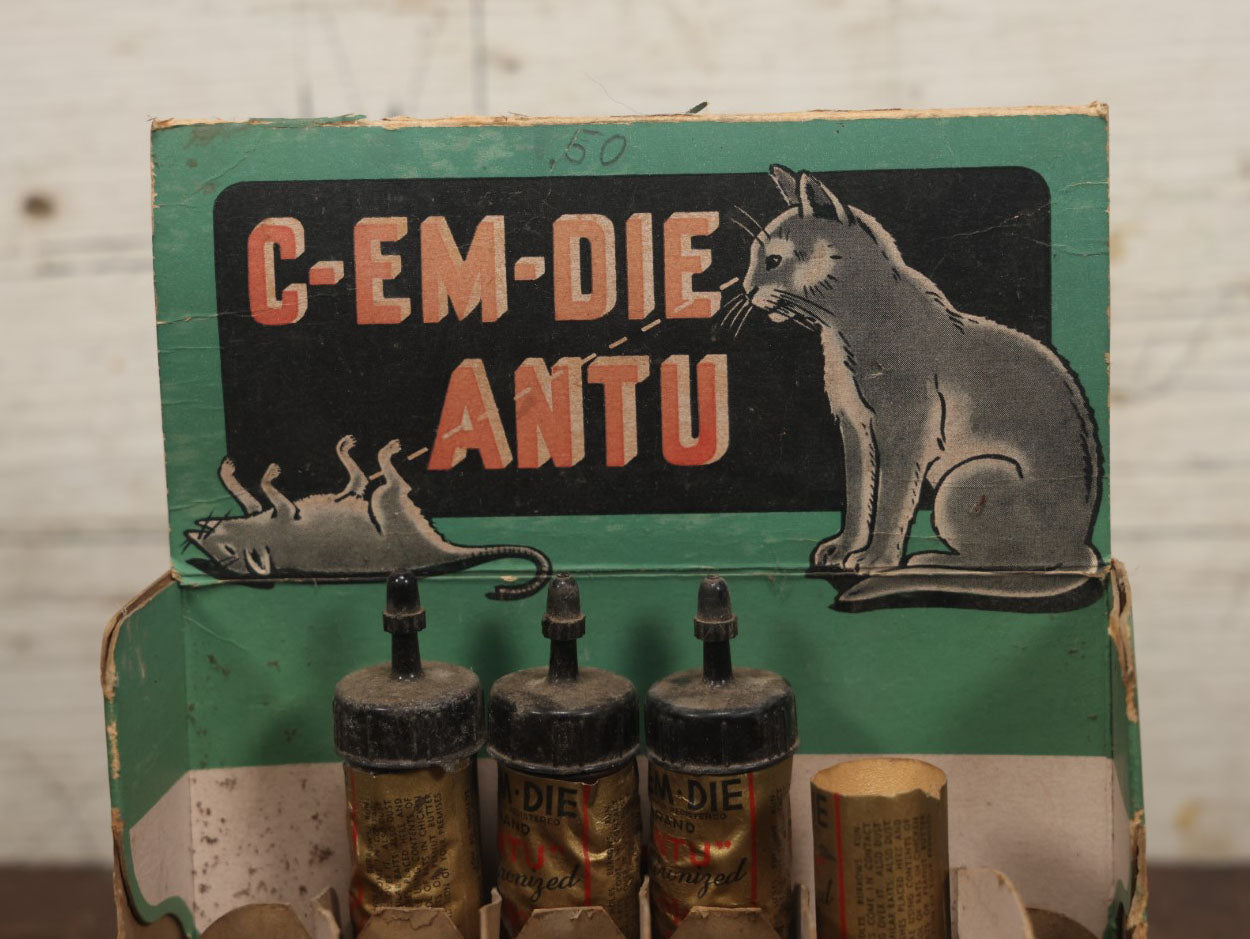 Lot 017 - Vintage C-Em-Die Rat And Mouse Killer Poison Store Display With Cat And Dead Mouse Graphic, Including Three Unopened Tubes, St. Lawrence Chemical Co, Hermon, New York