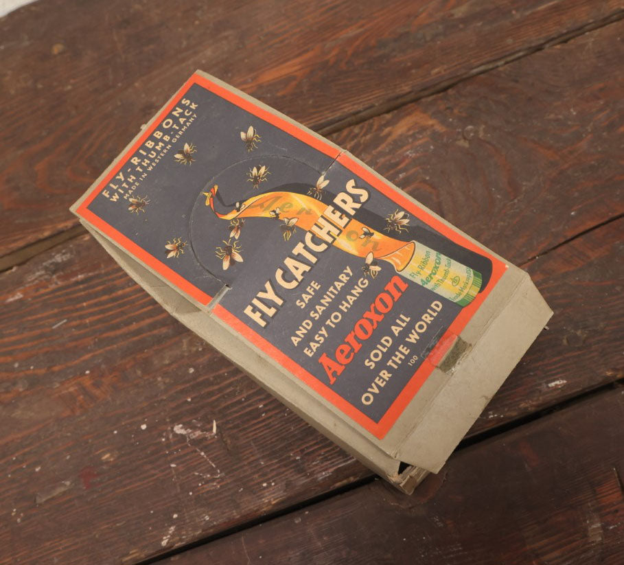 Lot 018 - Vintage Aeroxon Fly Catcher Fly Ribbon Store Display Box With Dozens Of Fly Ribbons, Insect Graphics, 