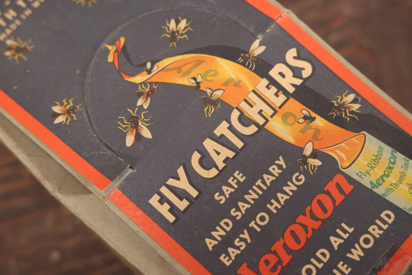 Lot 018 - Vintage Aeroxon Fly Catcher Fly Ribbon Store Display Box With Dozens Of Fly Ribbons, Insect Graphics, 