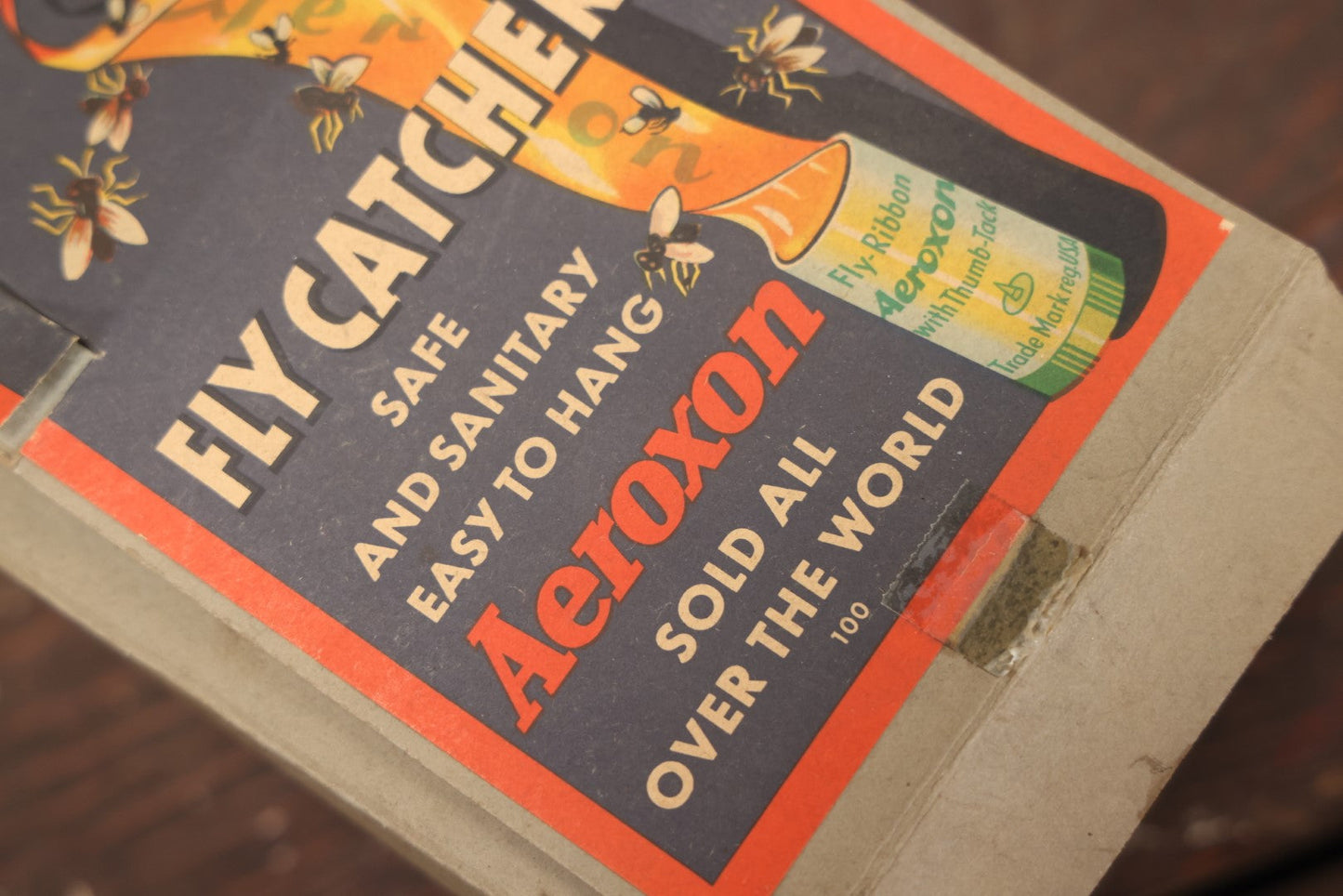 Lot 018 - Vintage Aeroxon Fly Catcher Fly Ribbon Store Display Box With Dozens Of Fly Ribbons, Insect Graphics, 