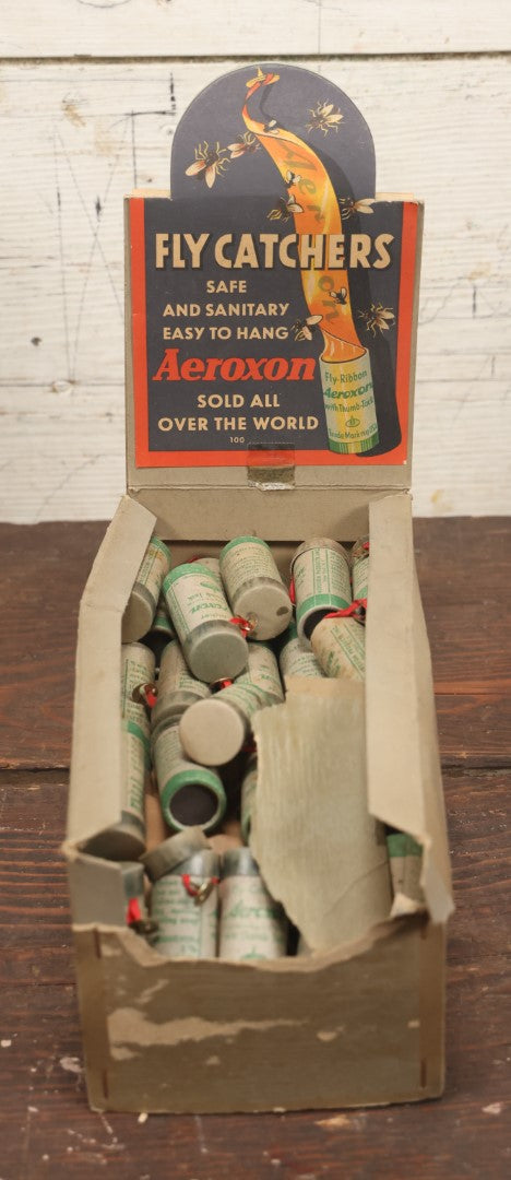 Lot 018 - Vintage Aeroxon Fly Catcher Fly Ribbon Store Display Box With Dozens Of Fly Ribbons, Insect Graphics, 