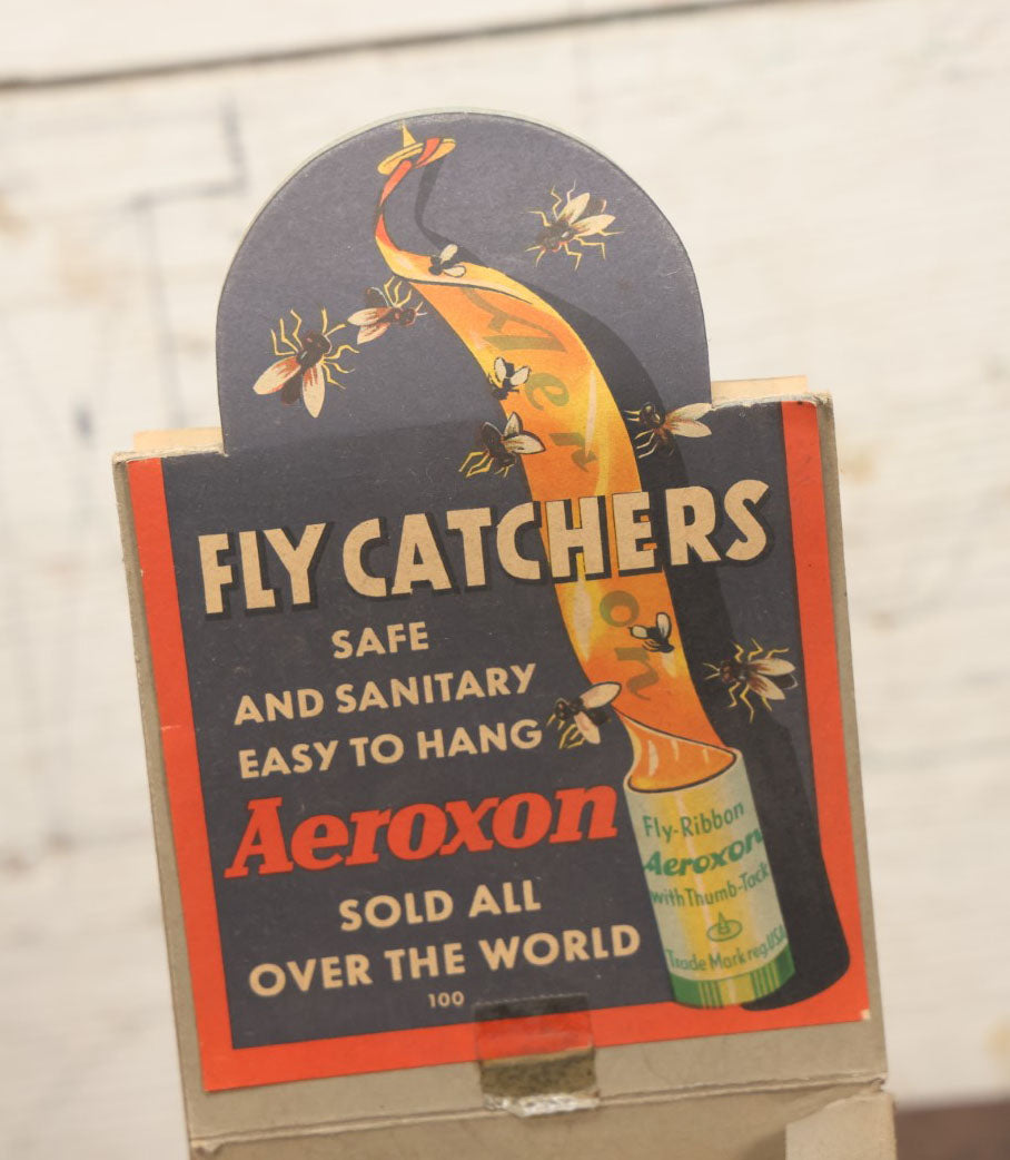 Lot 018 - Vintage Aeroxon Fly Catcher Fly Ribbon Store Display Box With Dozens Of Fly Ribbons, Insect Graphics, 