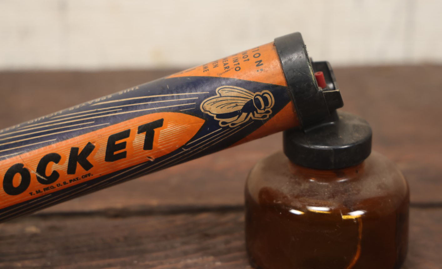 Lot 019 - Fly Rocket Vintage Wooden Bug Sprayer With Glass Font, Fly Graphics, American Specialty Company, Amherst, Ohio