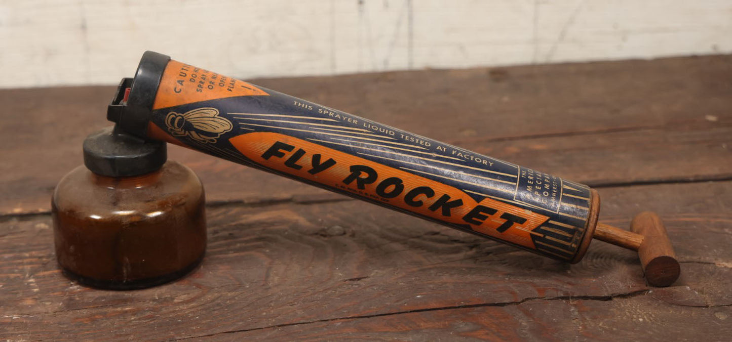 Lot 019 - Fly Rocket Vintage Wooden Bug Sprayer With Glass Font, Fly Graphics, American Specialty Company, Amherst, Ohio