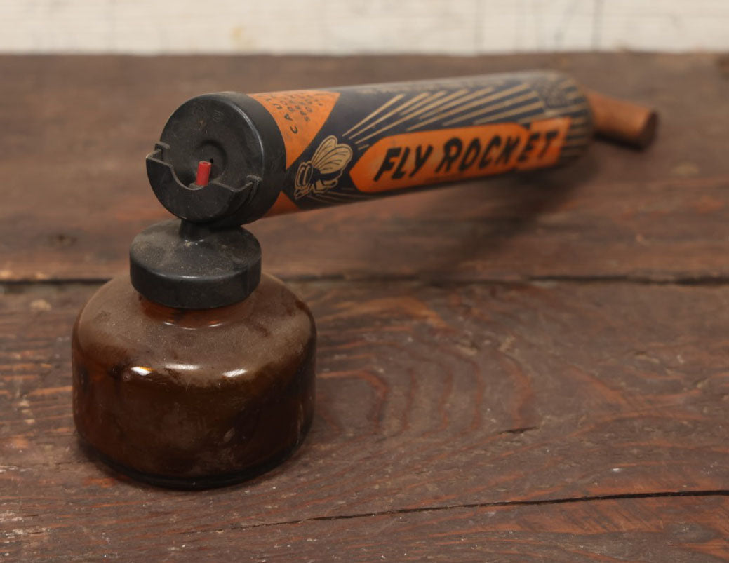 Lot 019 - Fly Rocket Vintage Wooden Bug Sprayer With Glass Font, Fly Graphics, American Specialty Company, Amherst, Ohio