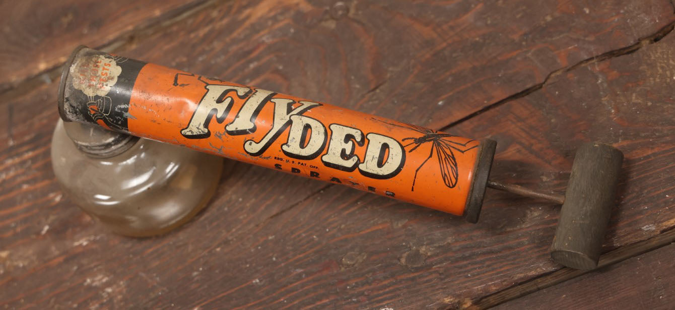 Lot 020 - Fly Ded Vintage Bug Sprayer With Glass Font, Fly, Mosquito Graphics, Boyle Midway Distributors, Jersey City, New Jersey