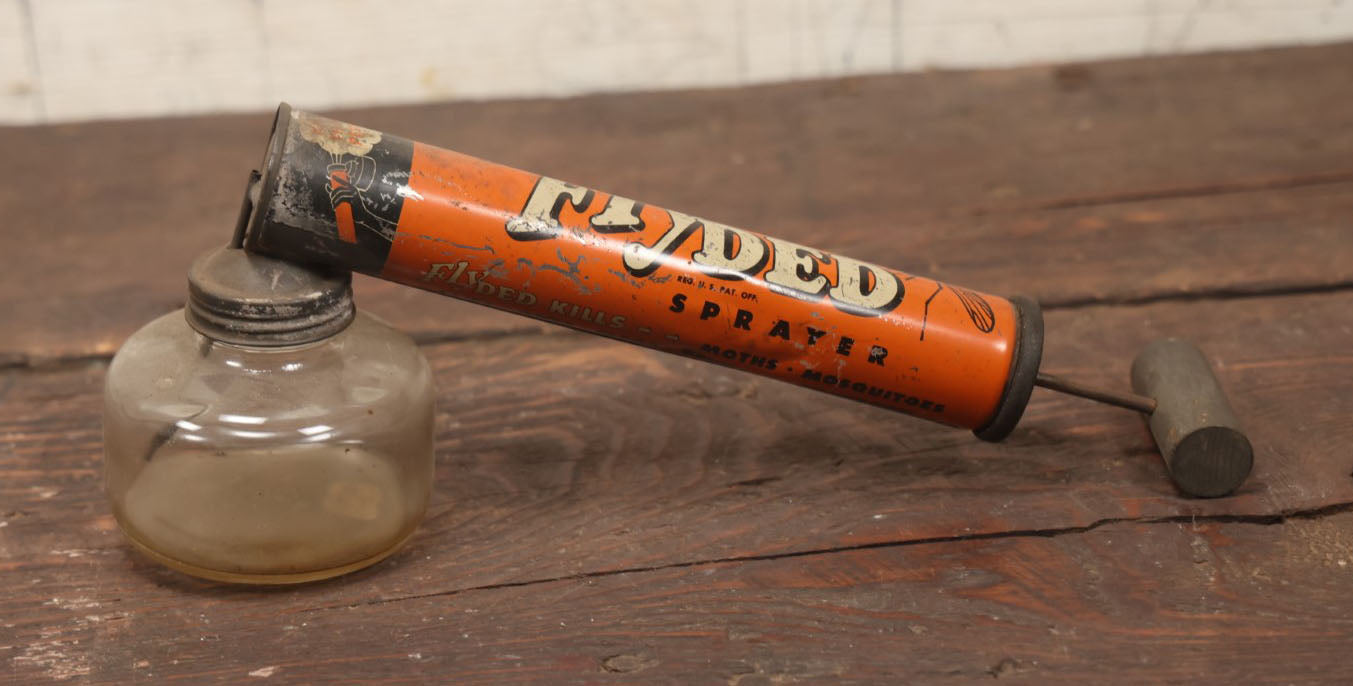 Lot 020 - Fly Ded Vintage Bug Sprayer With Glass Font, Fly, Mosquito Graphics, Boyle Midway Distributors, Jersey City, New Jersey