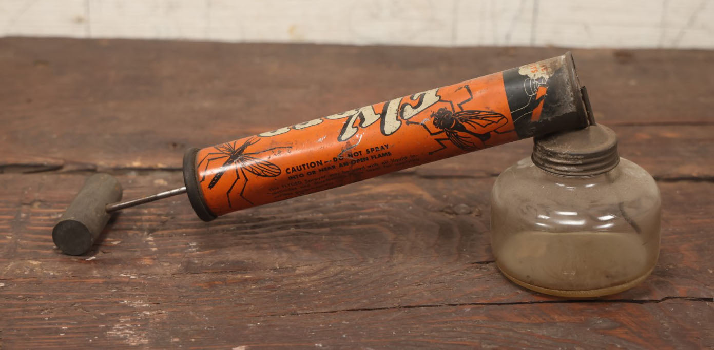 Lot 020 - Fly Ded Vintage Bug Sprayer With Glass Font, Fly, Mosquito Graphics, Boyle Midway Distributors, Jersey City, New Jersey