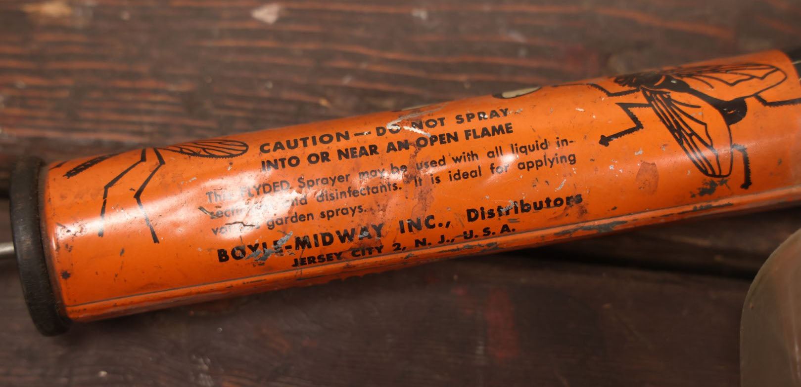 Lot 020 - Fly Ded Vintage Bug Sprayer With Glass Font, Fly, Mosquito Graphics, Boyle Midway Distributors, Jersey City, New Jersey