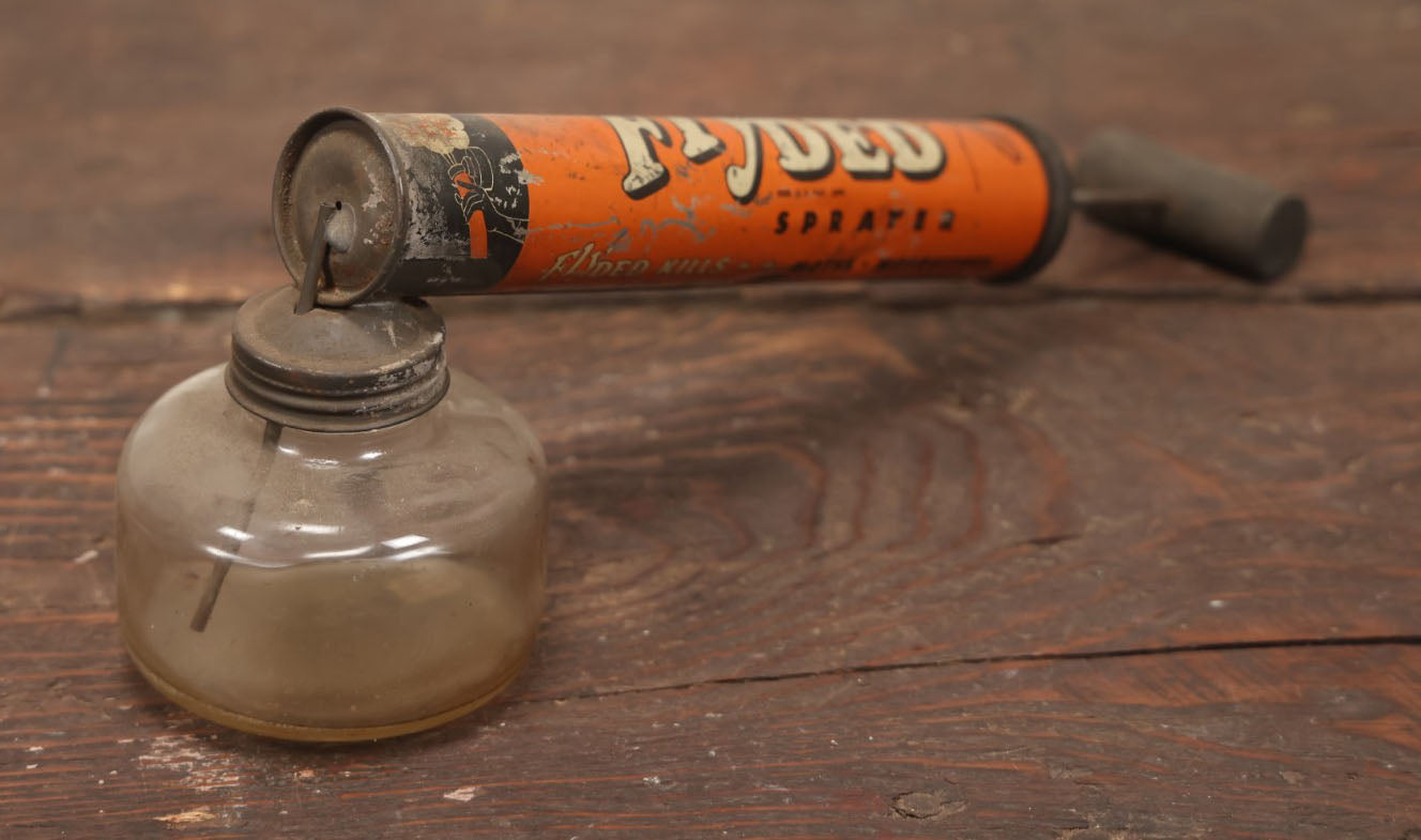Lot 020 - Fly Ded Vintage Bug Sprayer With Glass Font, Fly, Mosquito Graphics, Boyle Midway Distributors, Jersey City, New Jersey