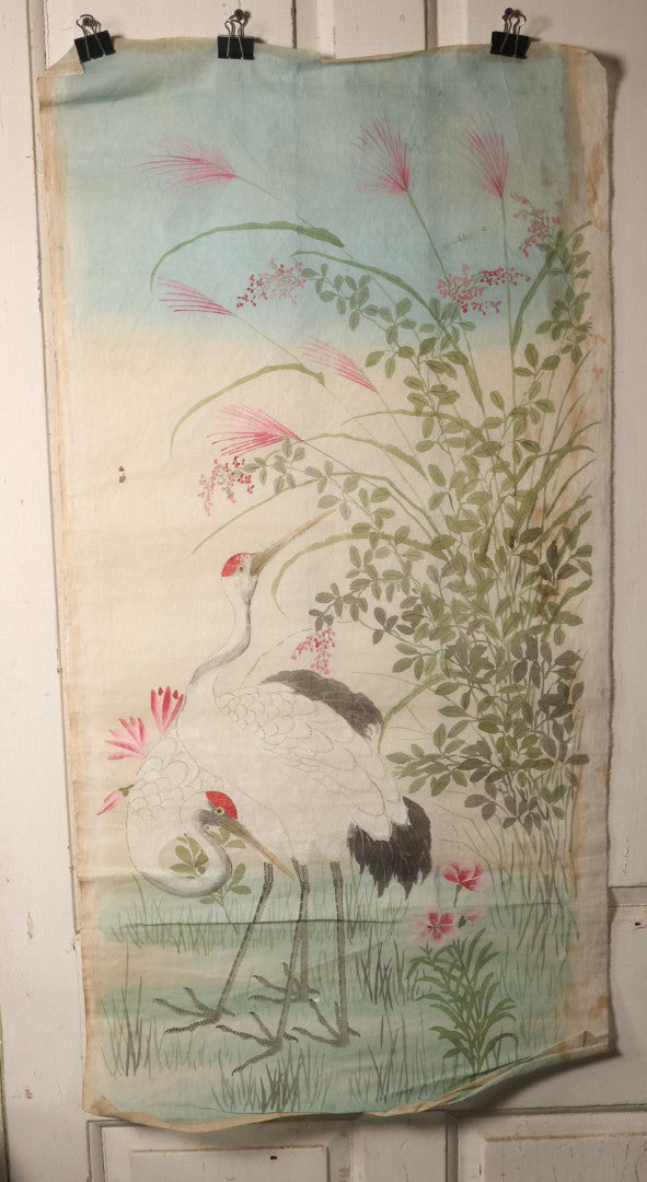 Lot 026 - Large Vintage East Asian Hand Painted Textile With Cranes, Pond, Foliage, 20" X 40"