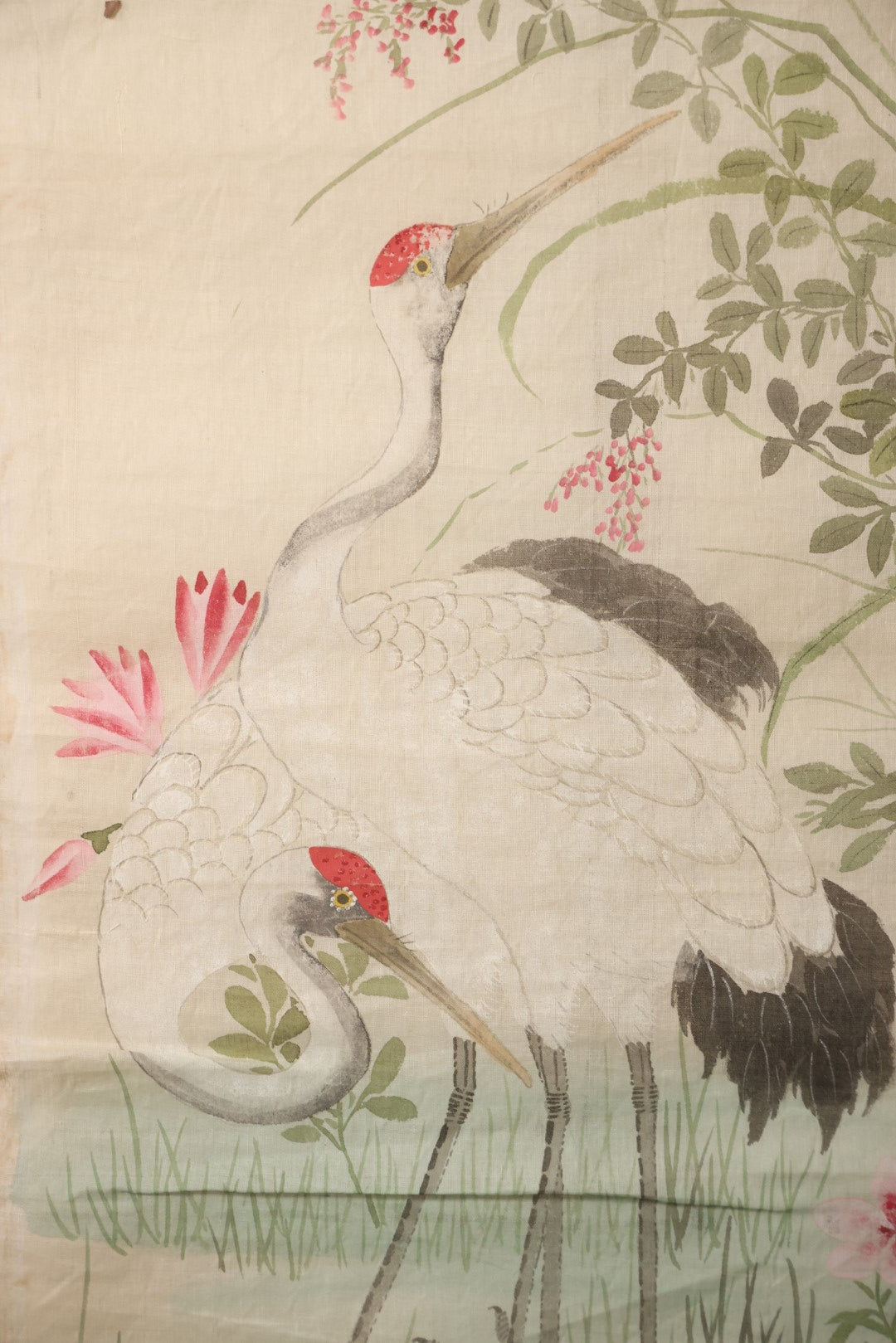Lot 026 - Large Vintage East Asian Hand Painted Textile With Cranes, Pond, Foliage, 20" X 40"