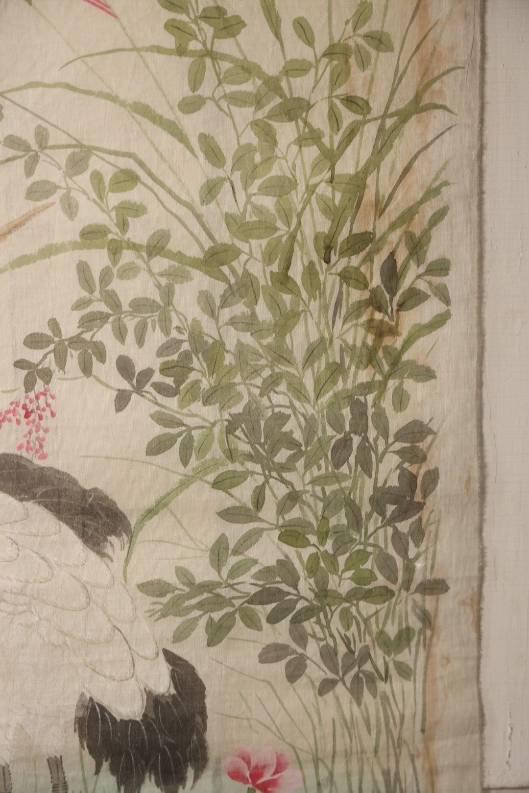 Lot 026 - Large Vintage East Asian Hand Painted Textile With Cranes, Pond, Foliage, 20" X 40"