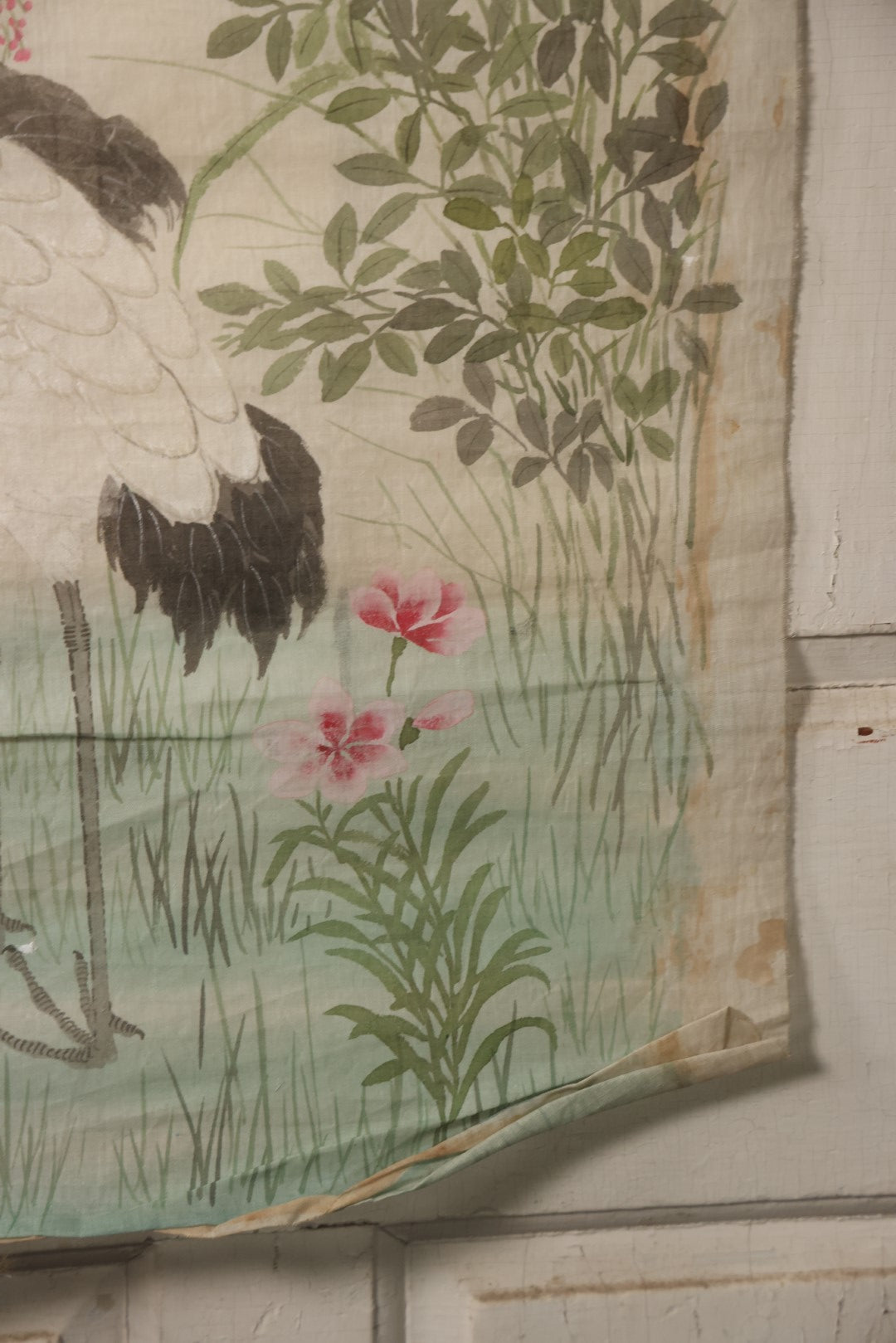 Lot 026 - Large Vintage East Asian Hand Painted Textile With Cranes, Pond, Foliage, 20" X 40"