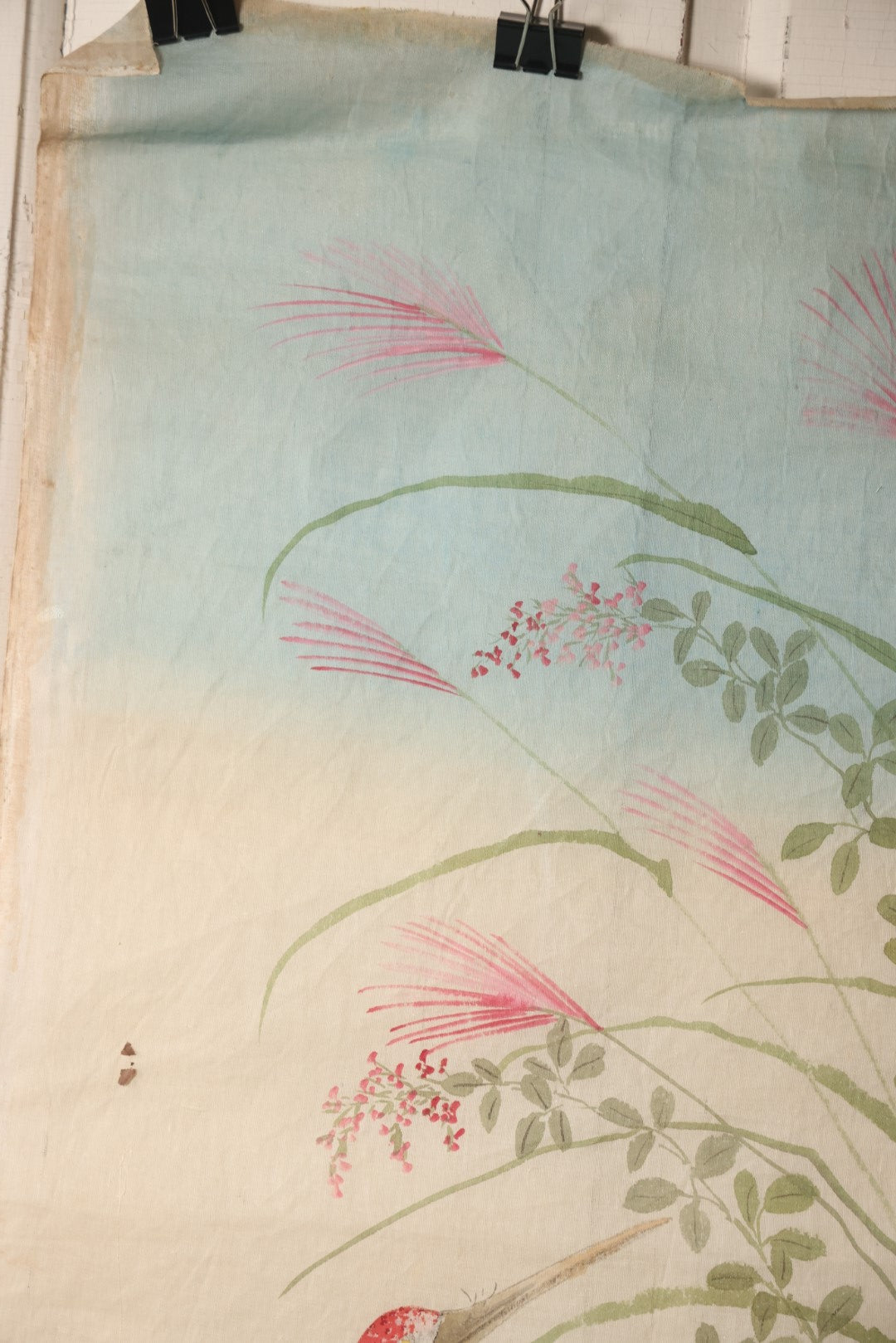 Lot 026 - Large Vintage East Asian Hand Painted Textile With Cranes, Pond, Foliage, 20" X 40"