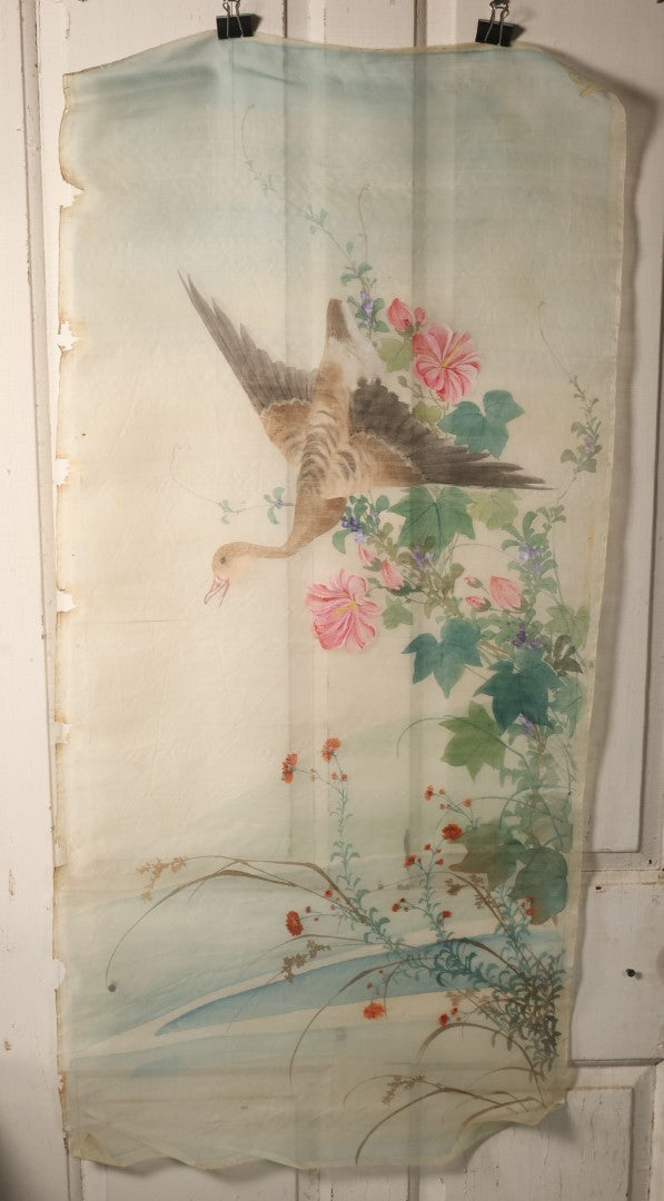 Lot 027 - Large Vintage East Asian Hand Painted Textile With Flying Goose, Flowers, Foliage, 21" X 45"