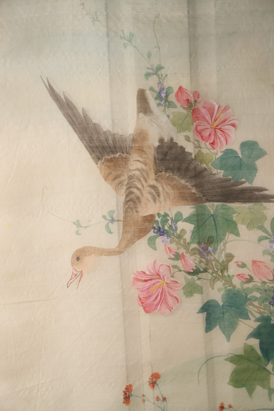 Lot 027 - Large Vintage East Asian Hand Painted Textile With Flying Goose, Flowers, Foliage, 21" X 45"