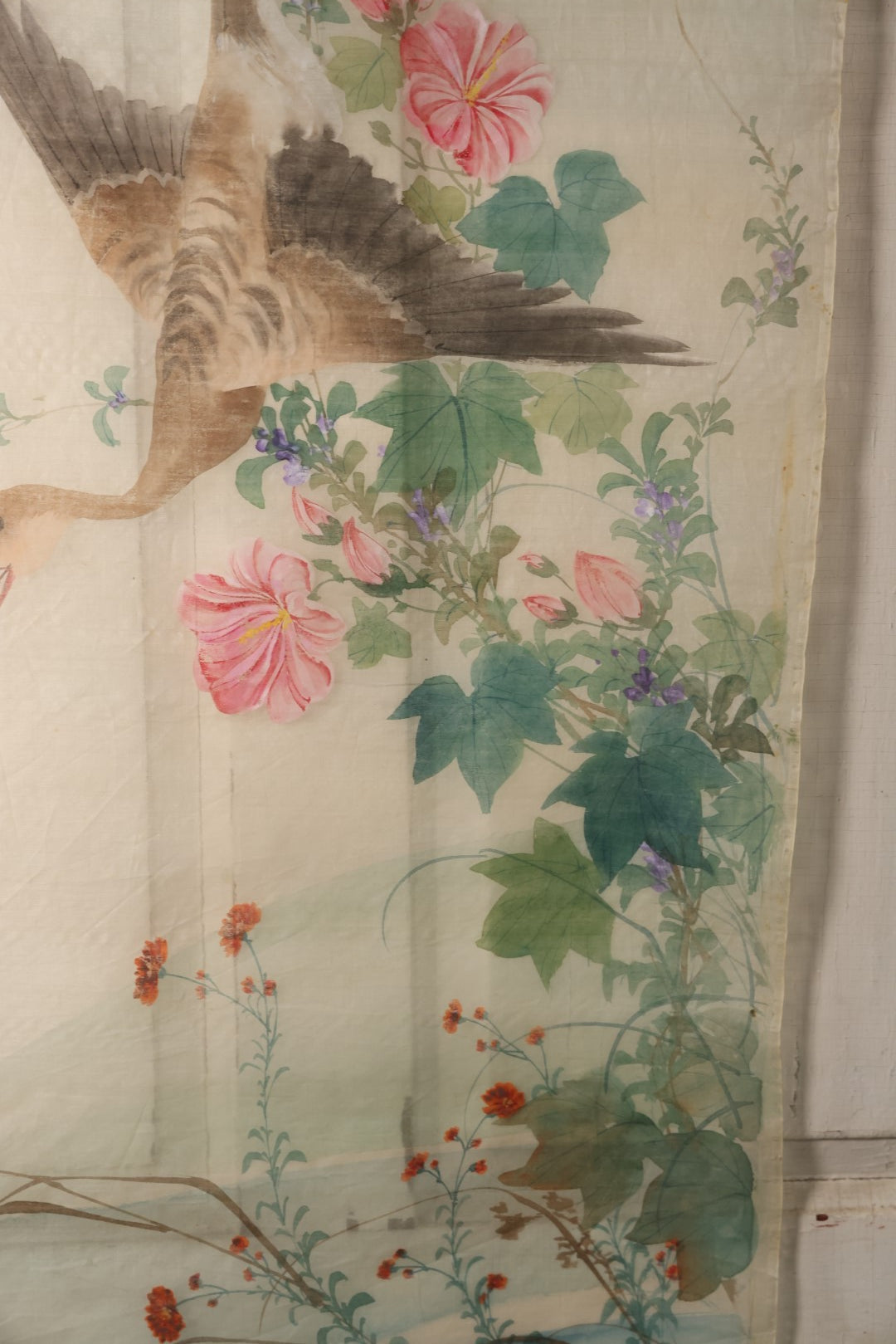 Lot 027 - Large Vintage East Asian Hand Painted Textile With Flying Goose, Flowers, Foliage, 21" X 45"