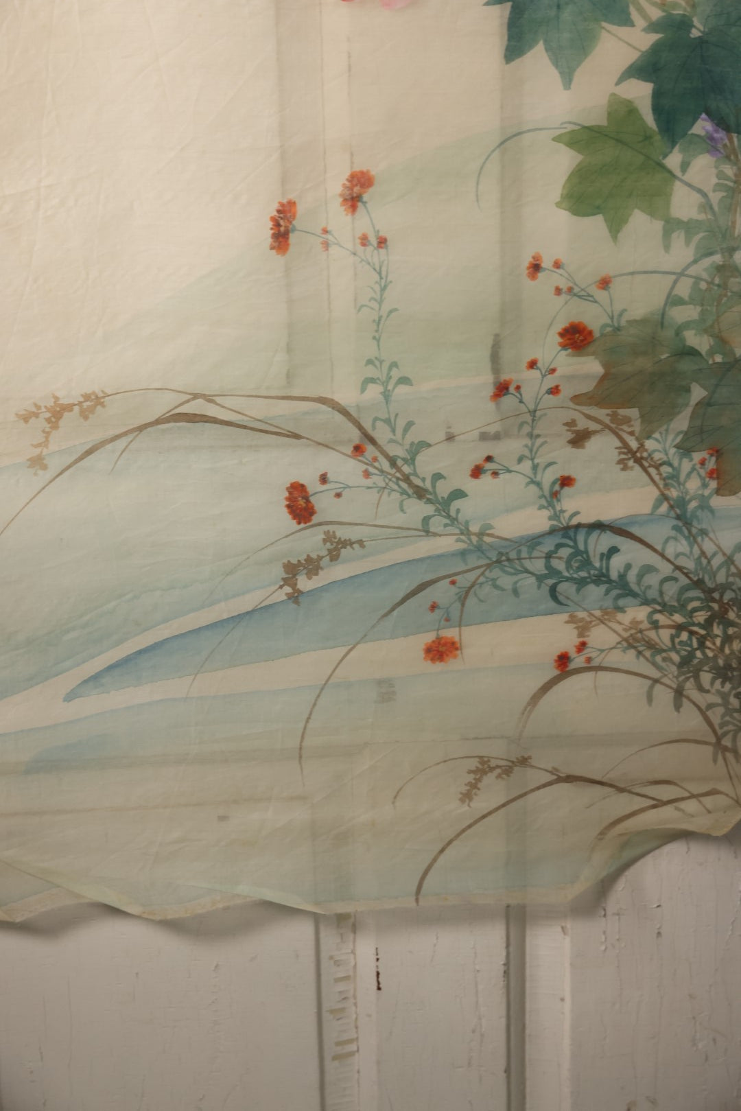 Lot 027 - Large Vintage East Asian Hand Painted Textile With Flying Goose, Flowers, Foliage, 21" X 45"