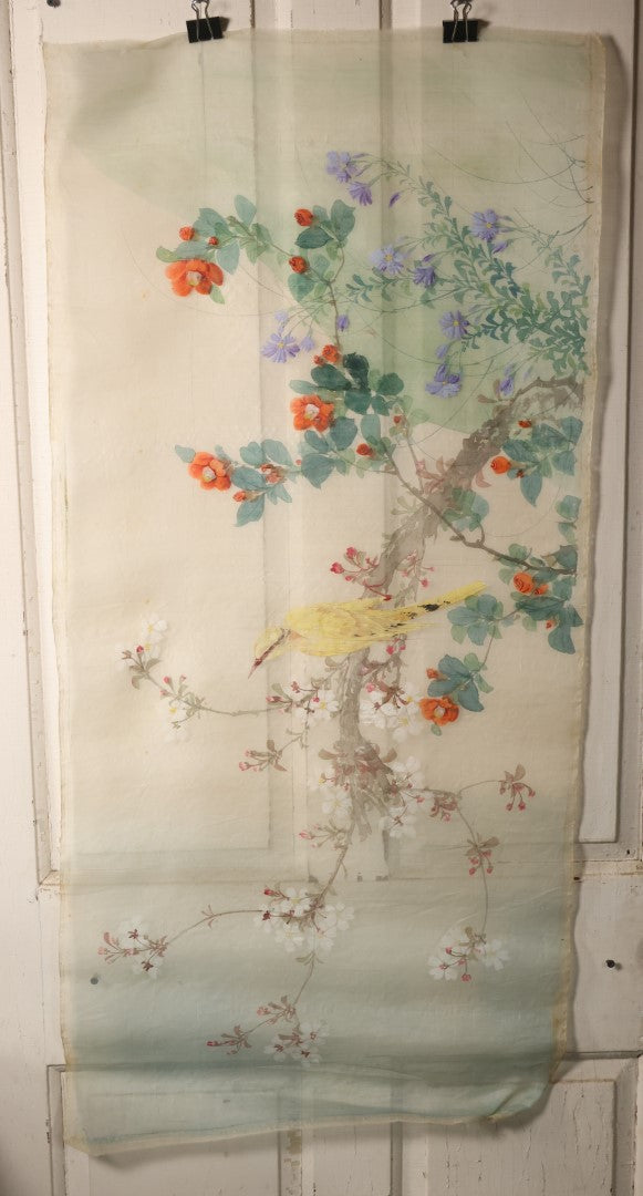 Lot 028 - Large Vintage East Asian Hand Painted Textile With Yellow Bird, Oriole, Perched On Branch, Flowers, Foliage, 21" X 45"