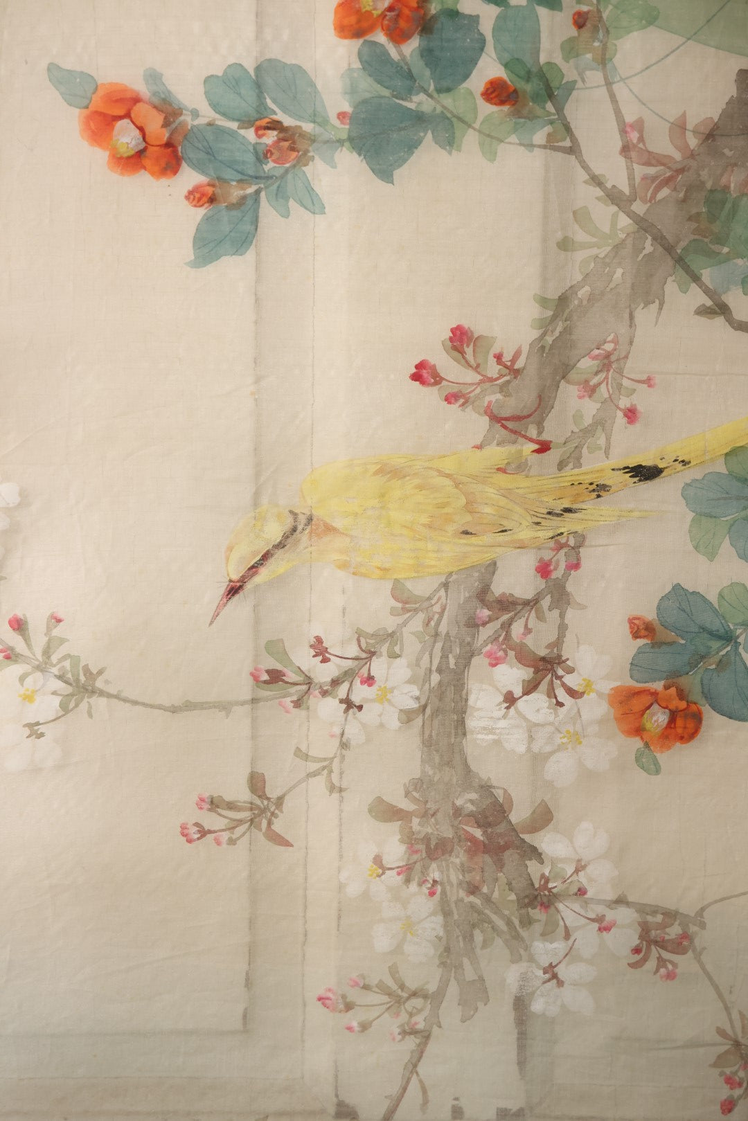 Lot 028 - Large Vintage East Asian Hand Painted Textile With Yellow Bird, Oriole, Perched On Branch, Flowers, Foliage, 21" X 45"