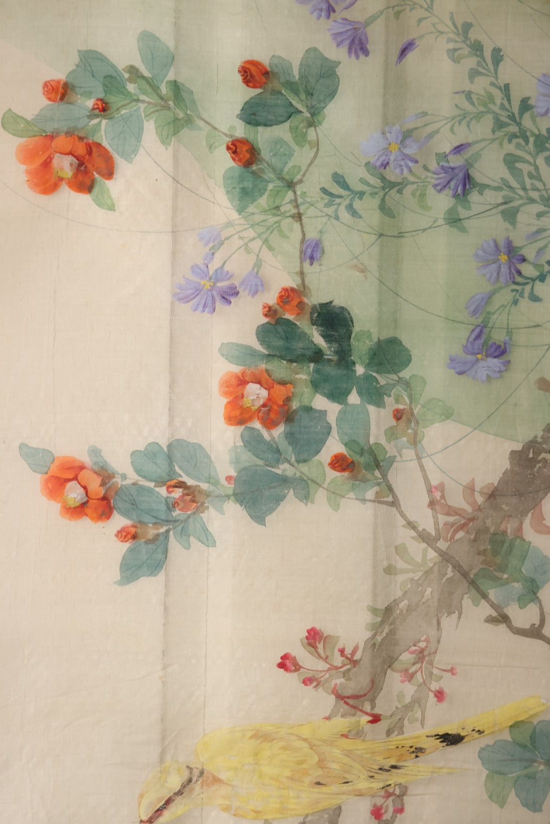 Lot 028 - Large Vintage East Asian Hand Painted Textile With Yellow Bird, Oriole, Perched On Branch, Flowers, Foliage, 21" X 45"