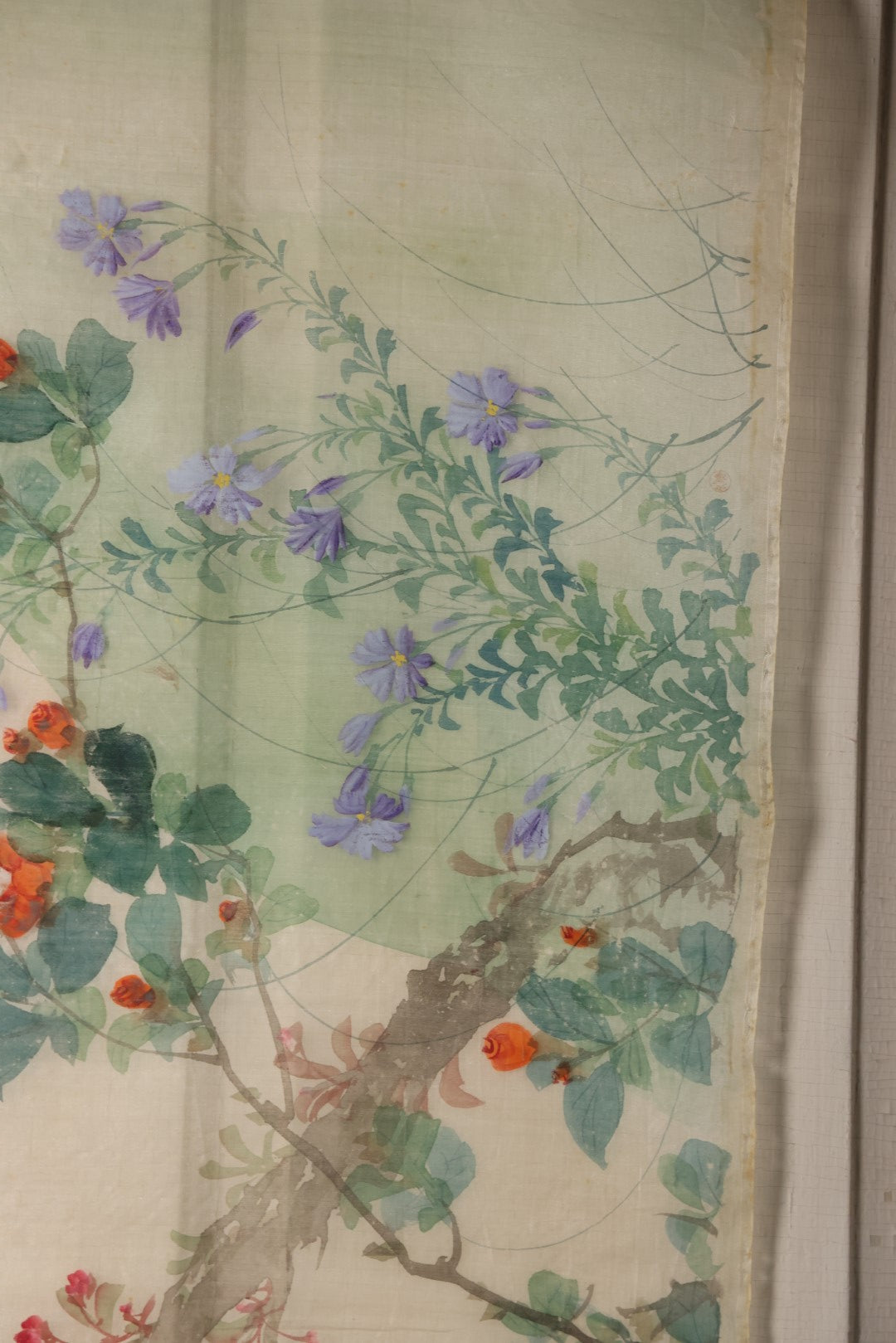Lot 028 - Large Vintage East Asian Hand Painted Textile With Yellow Bird, Oriole, Perched On Branch, Flowers, Foliage, 21" X 45"