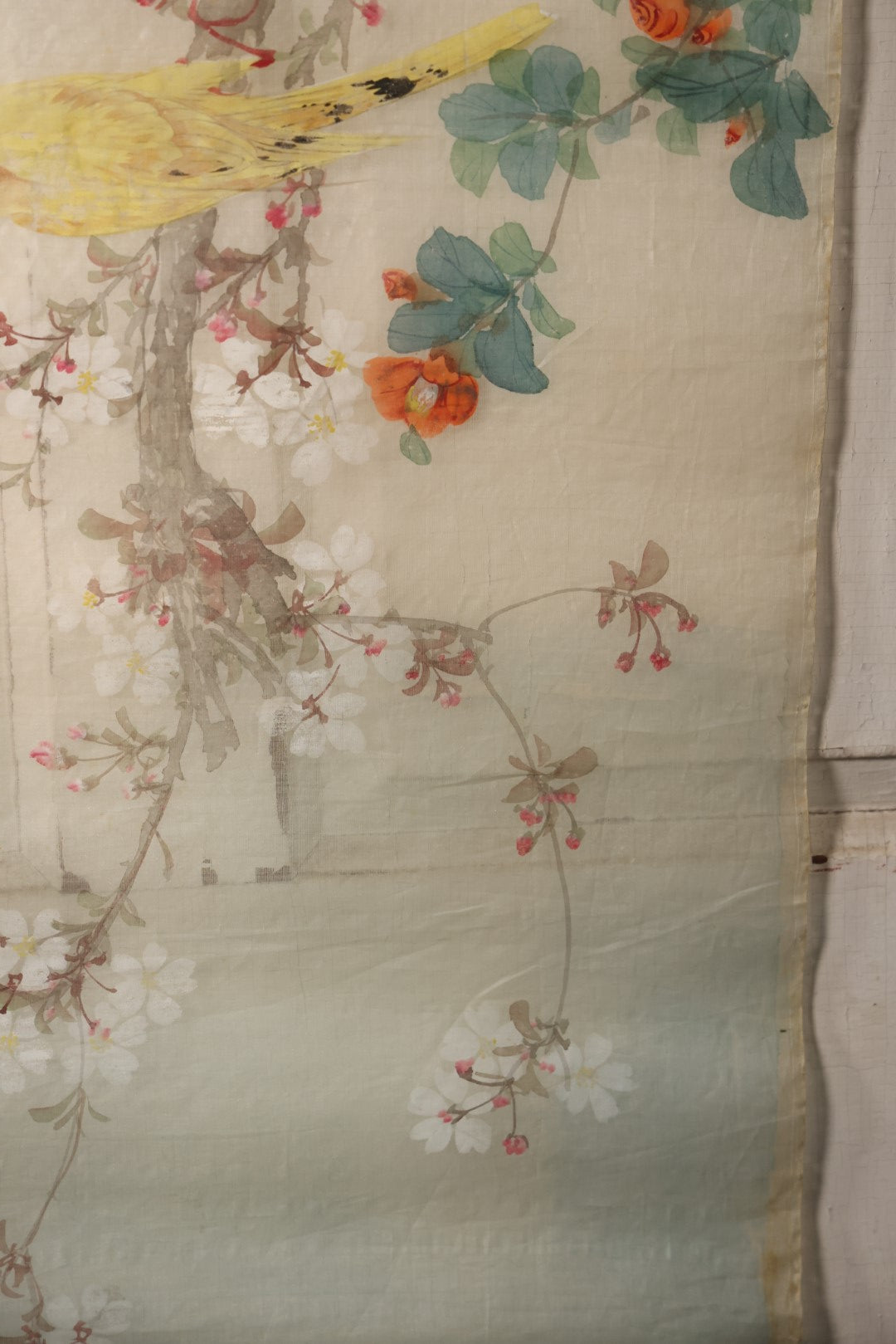 Lot 028 - Large Vintage East Asian Hand Painted Textile With Yellow Bird, Oriole, Perched On Branch, Flowers, Foliage, 21" X 45"