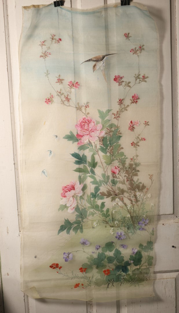 Lot 029 - Large Vintage East Asian Hand Painted Textile With Brown Swallow In Flight, Flowers, Foliage, 21" X 44"