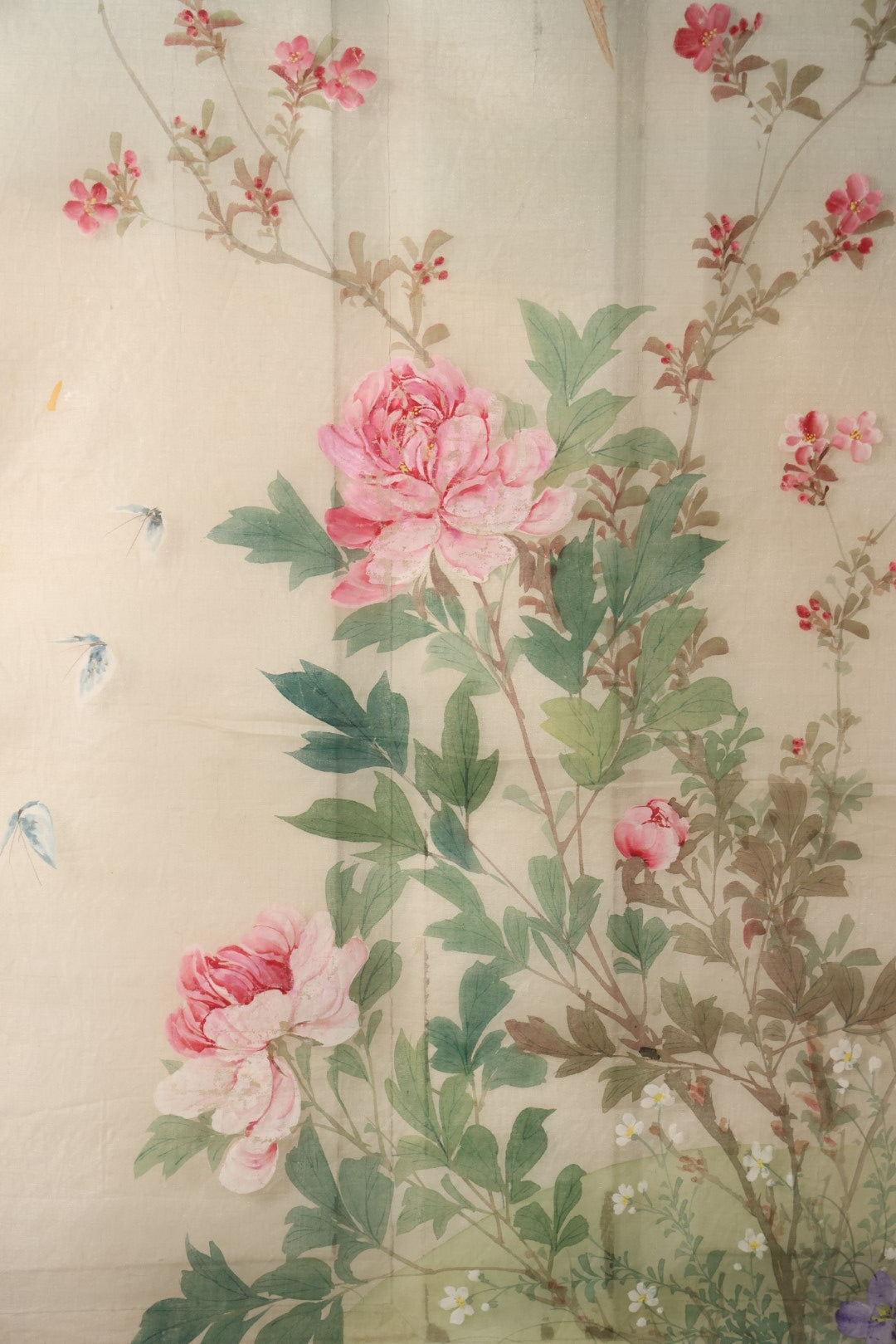 Lot 029 - Large Vintage East Asian Hand Painted Textile With Brown Swallow In Flight, Flowers, Foliage, 21" X 44"