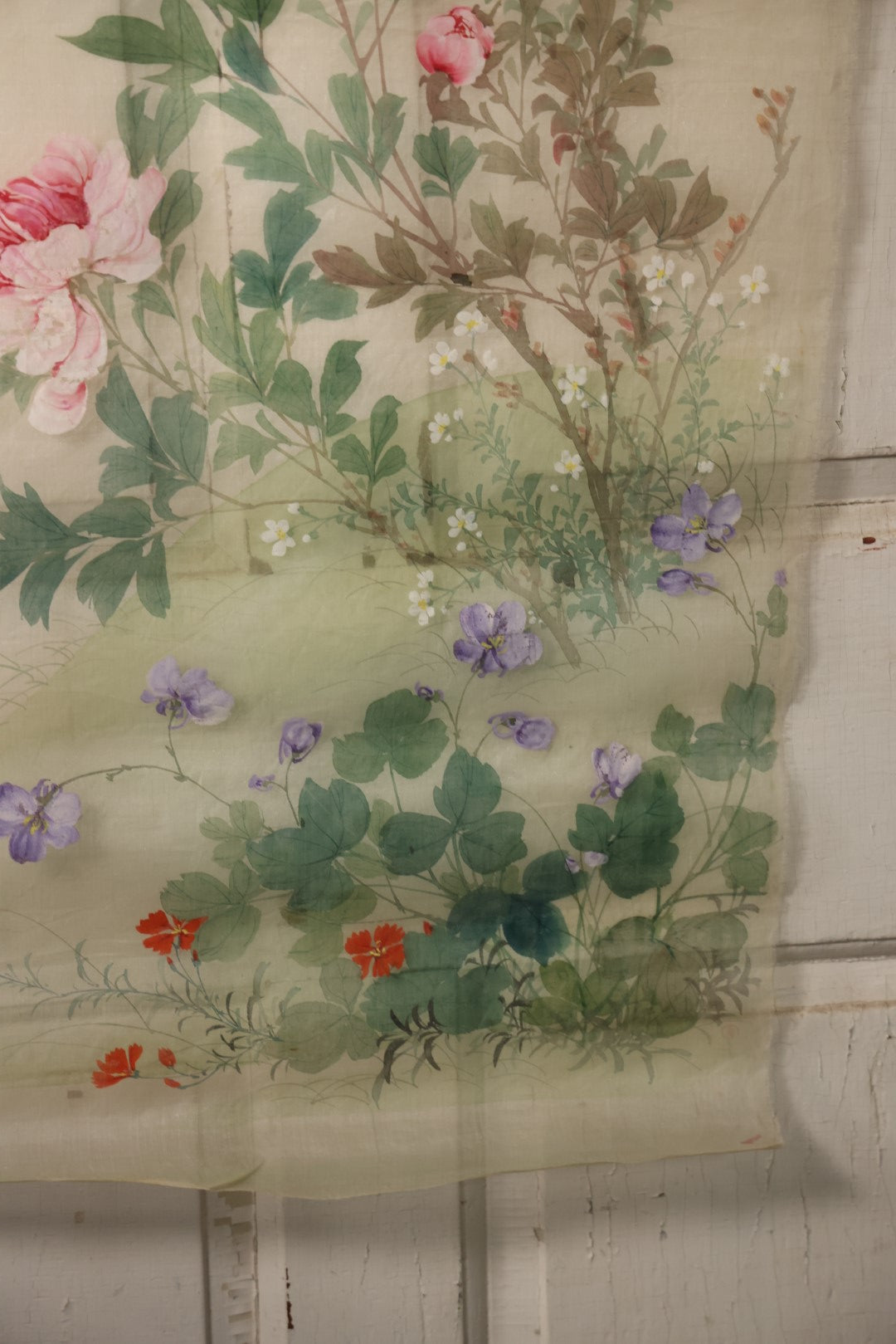 Lot 029 - Large Vintage East Asian Hand Painted Textile With Brown Swallow In Flight, Flowers, Foliage, 21" X 44"