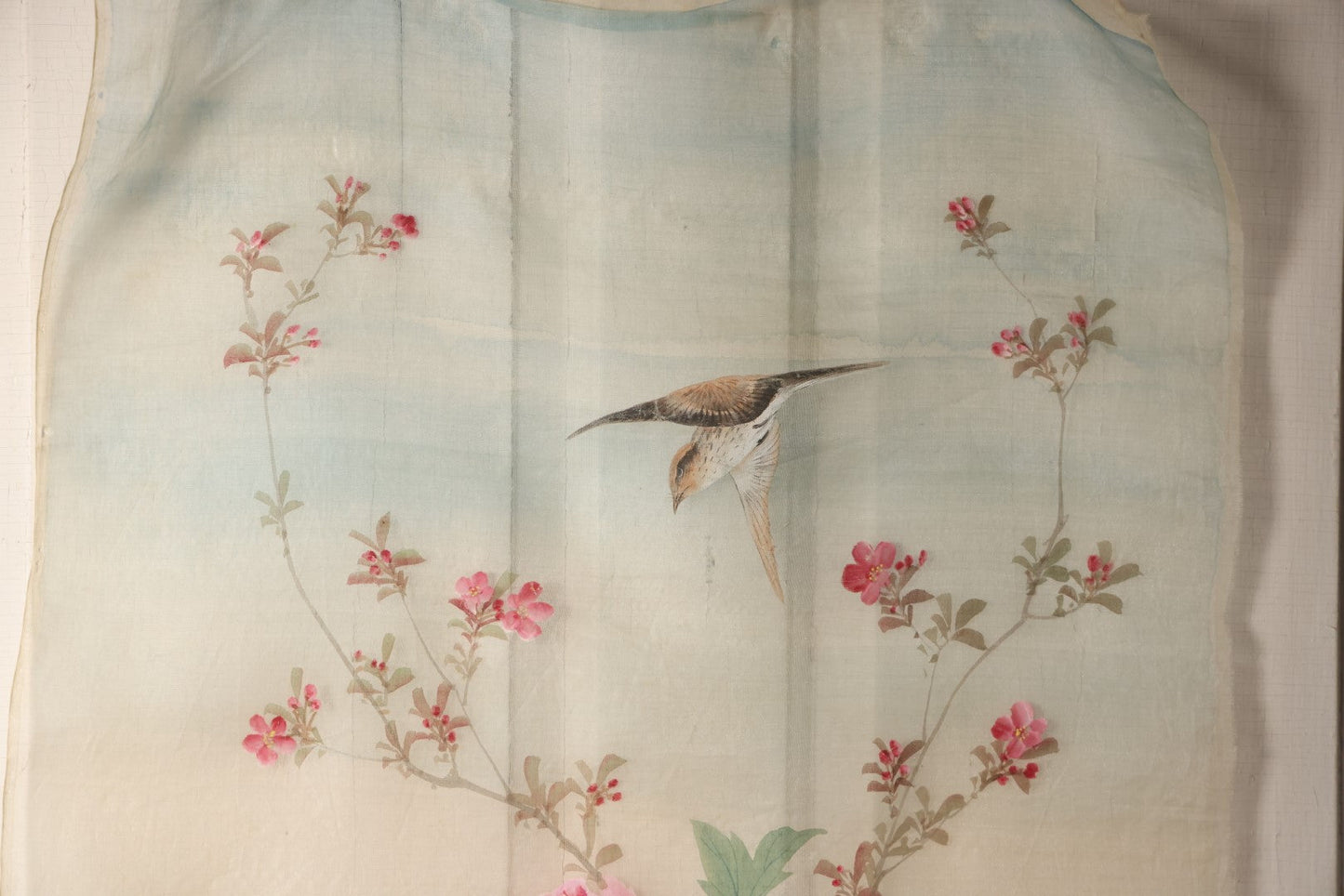 Lot 029 - Large Vintage East Asian Hand Painted Textile With Brown Swallow In Flight, Flowers, Foliage, 21" X 44"