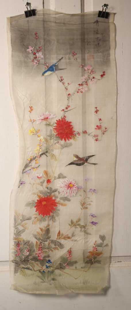 Lot 031 - Large Vintage East Asian Hand Painted Textile With Blue And Brown Birds, Bright Red Flowers, Foliage, 13.5" X 36"