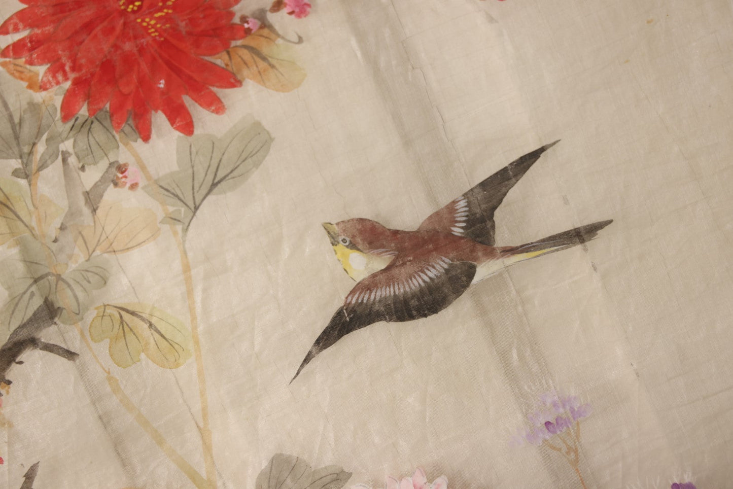 Lot 031 - Large Vintage East Asian Hand Painted Textile With Blue And Brown Birds, Bright Red Flowers, Foliage, 13.5" X 36"