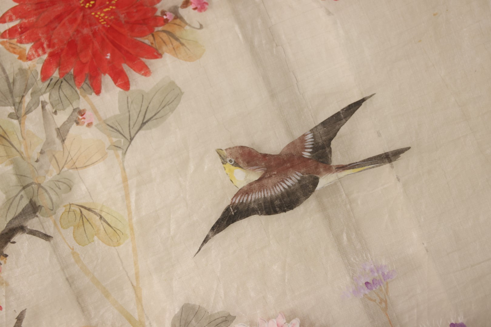 Lot 031 - Large Vintage East Asian Hand Painted Textile With Blue And Brown Birds, Bright Red Flowers, Foliage, 13.5" X 36"