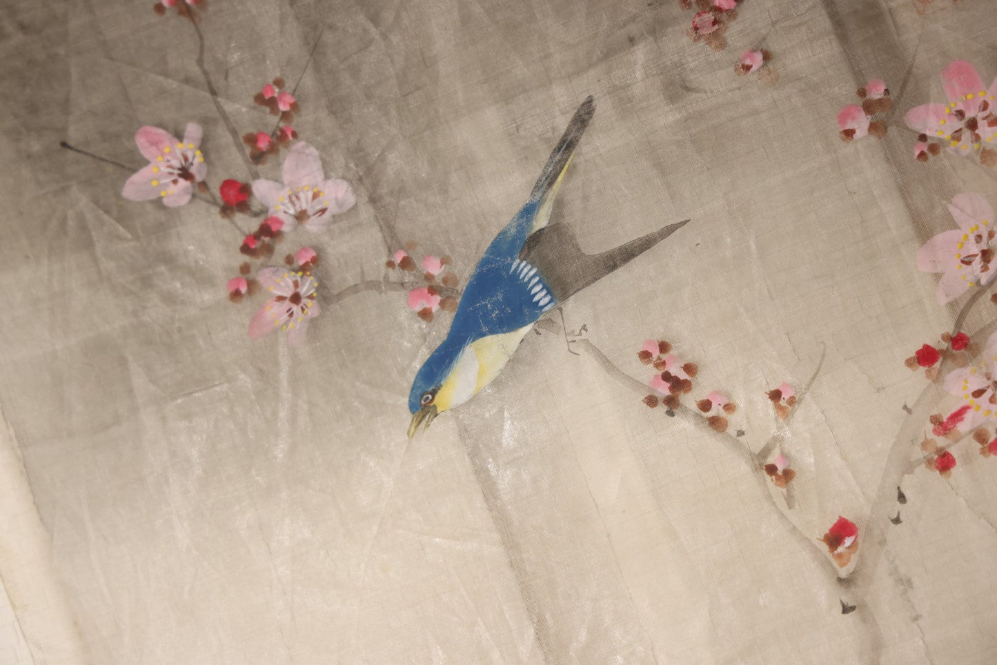 Lot 031 - Large Vintage East Asian Hand Painted Textile With Blue And Brown Birds, Bright Red Flowers, Foliage, 13.5" X 36"