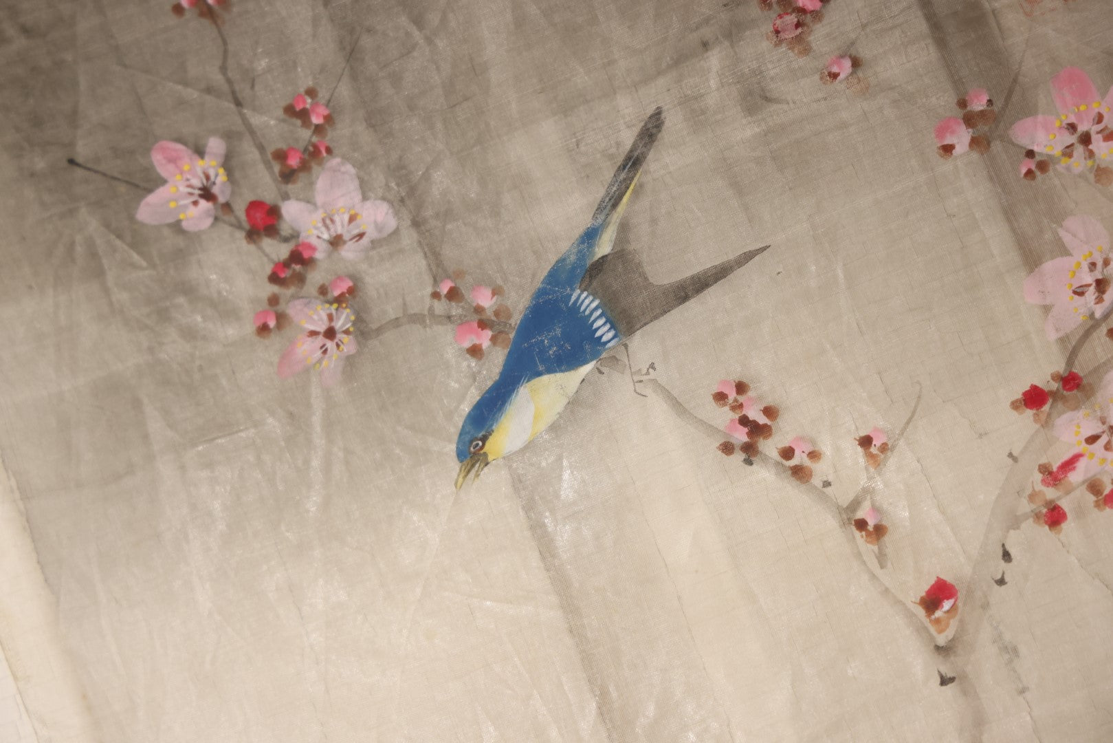 Lot 031 - Large Vintage East Asian Hand Painted Textile With Blue And Brown Birds, Bright Red Flowers, Foliage, 13.5" X 36"