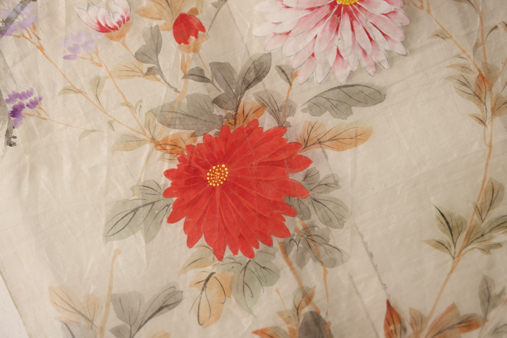 Lot 031 - Large Vintage East Asian Hand Painted Textile With Blue And Brown Birds, Bright Red Flowers, Foliage, 13.5" X 36"