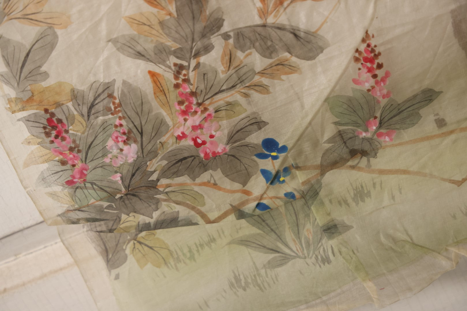 Lot 031 - Large Vintage East Asian Hand Painted Textile With Blue And Brown Birds, Bright Red Flowers, Foliage, 13.5" X 36"