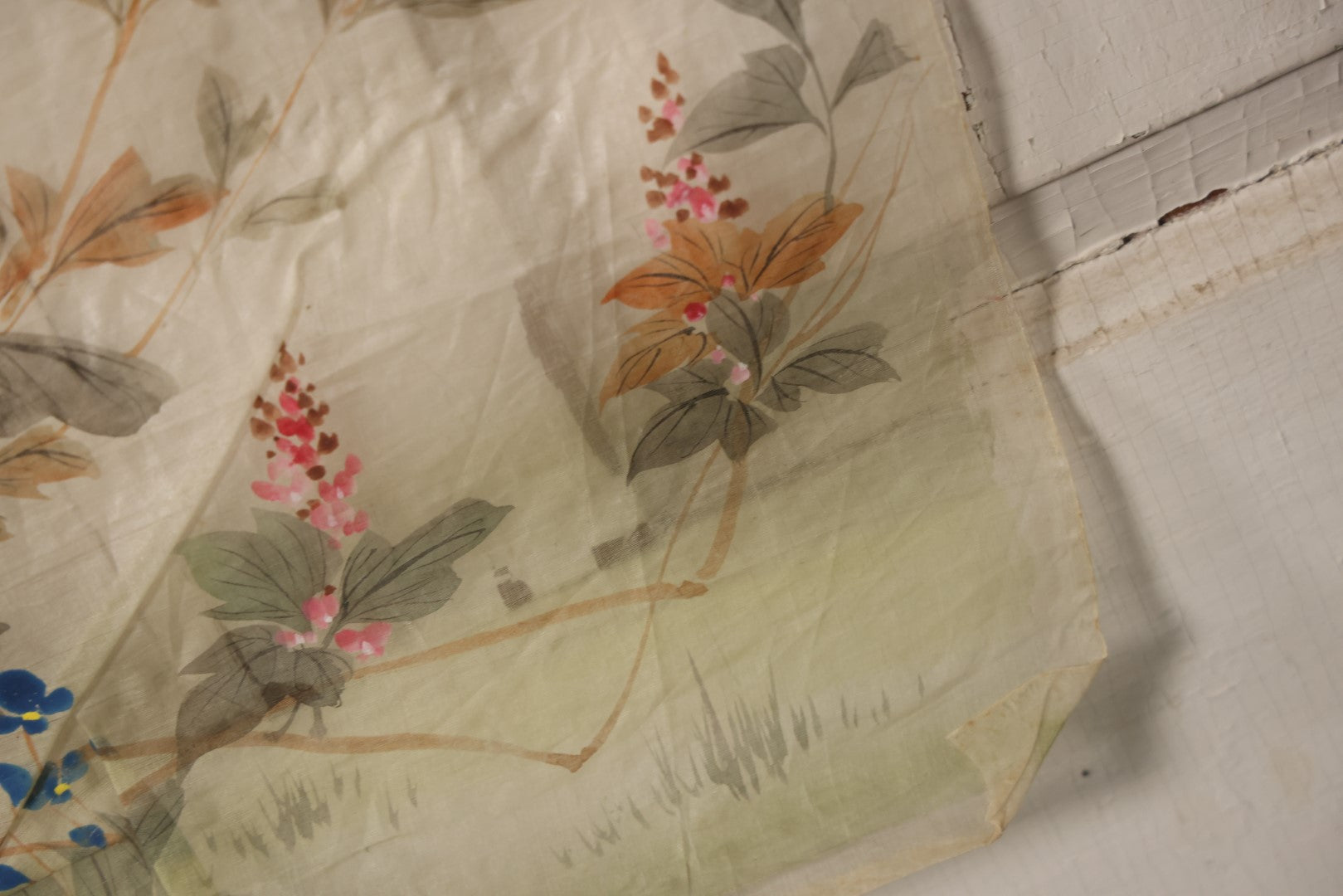 Lot 031 - Large Vintage East Asian Hand Painted Textile With Blue And Brown Birds, Bright Red Flowers, Foliage, 13.5" X 36"