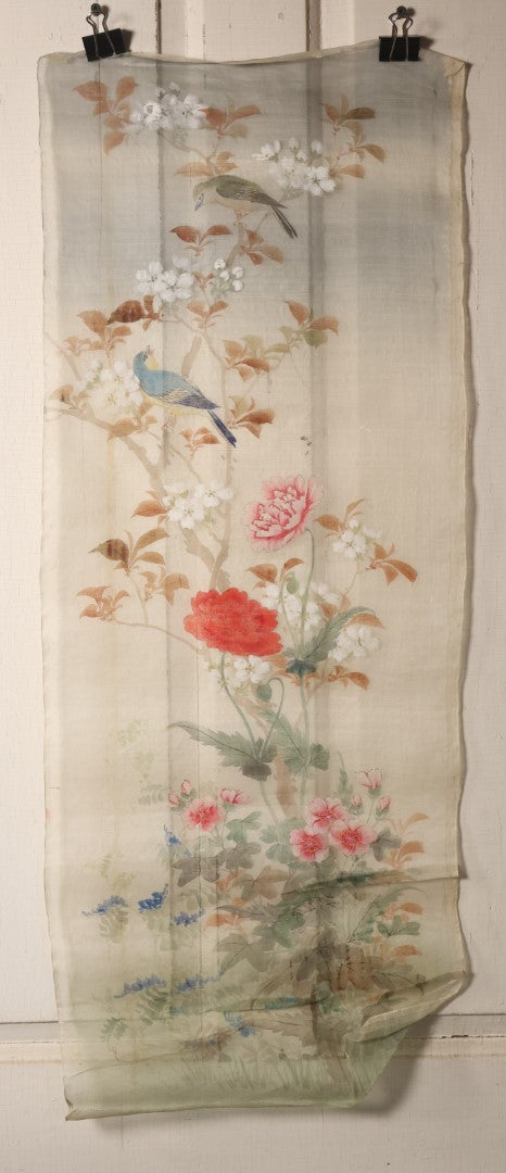 Lot 032 - Large Vintage East Asian Hand Painted Textile With Blue And Green Perched Birds, Bright Flowers, Foliage, 13.5" X 34"